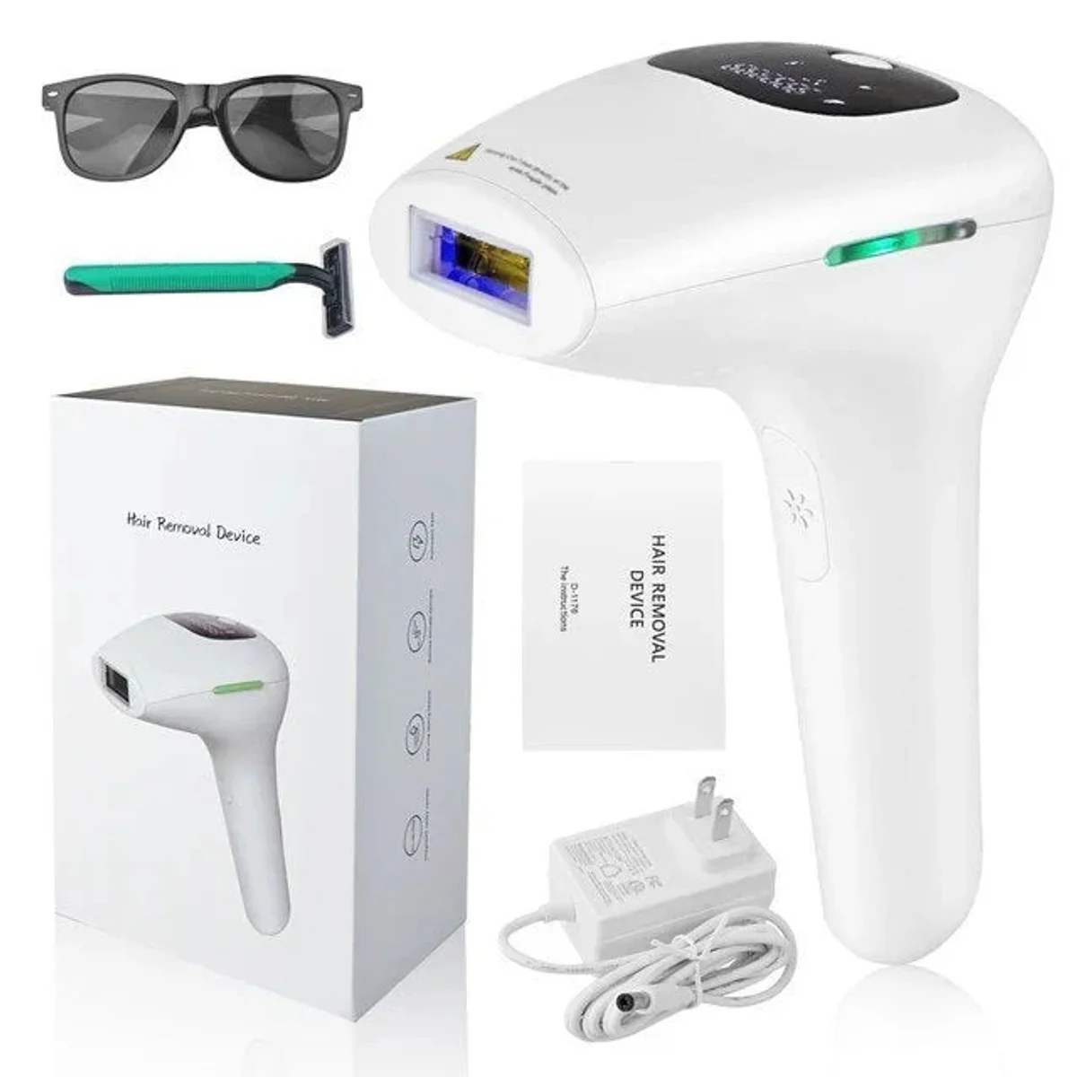 Premium IPL hair removal device with LCD screen, glasses, razor and adapter
