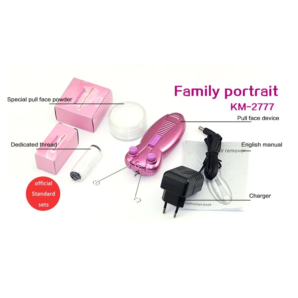 Kemei KM-2777 contents: device, thread, face powder, charger and manual