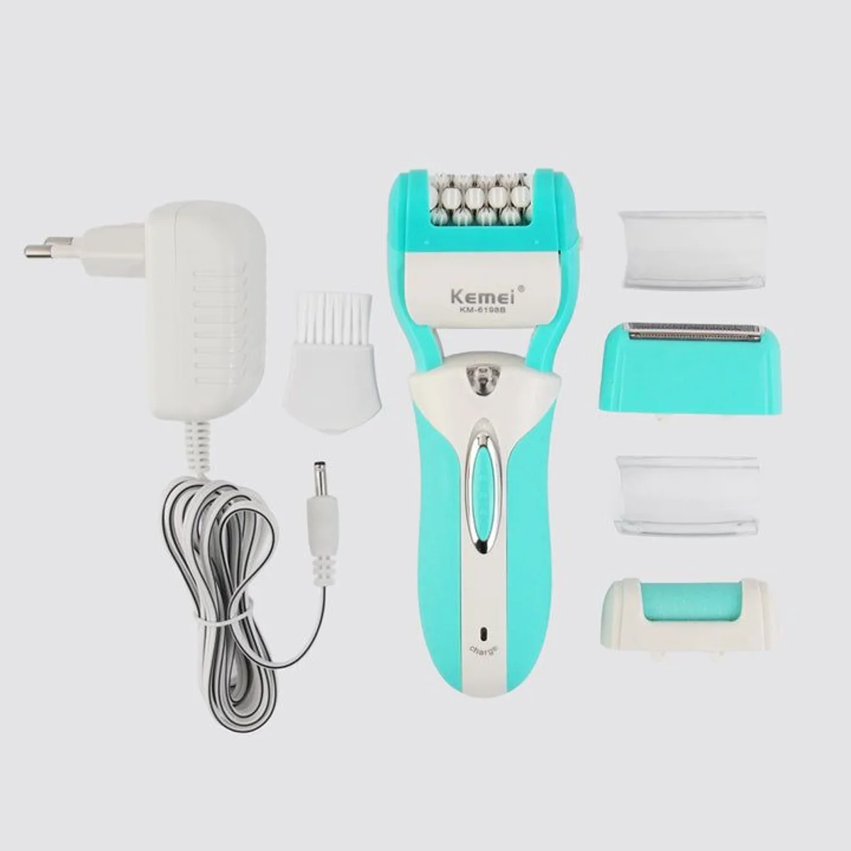 Kemei KM-6198B 3 in 1 epilator with shaver head, callus remover, adapter and brush