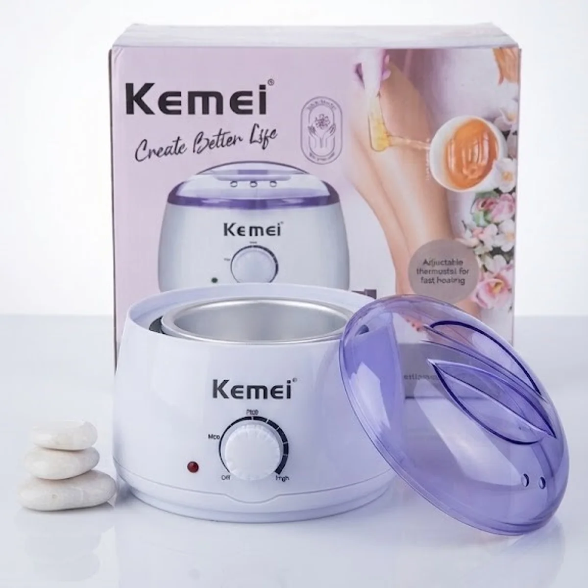 Kemei Salon Pro wax heater with aluminium pot and purple lid