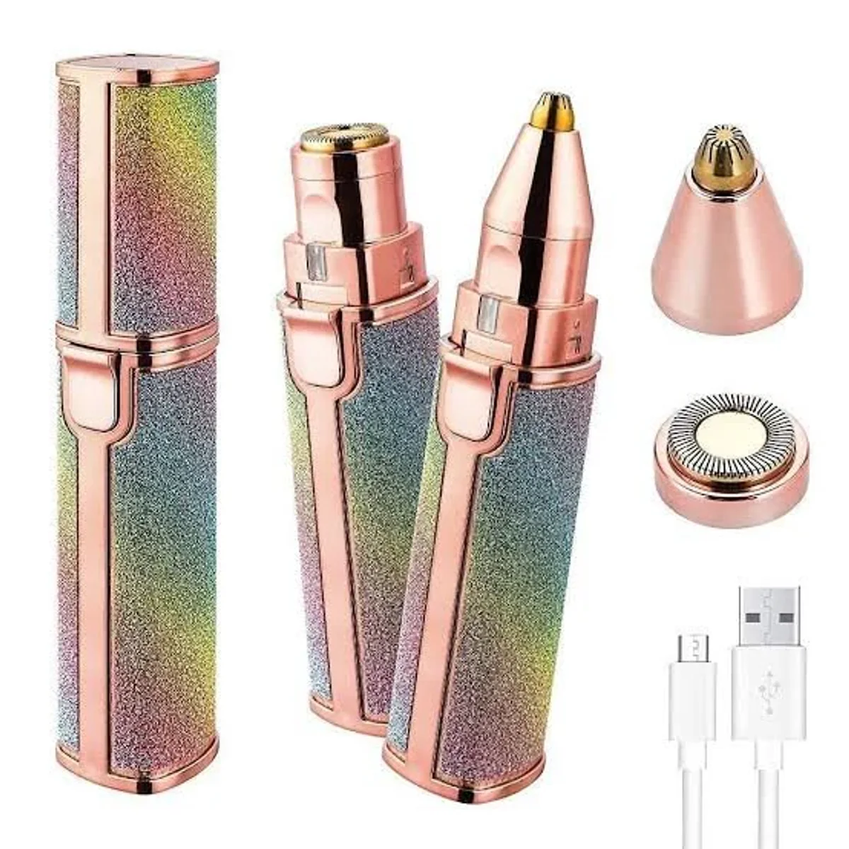 2 in 1 facial hair remover and eyebrow trimmer with both heads and USB cable