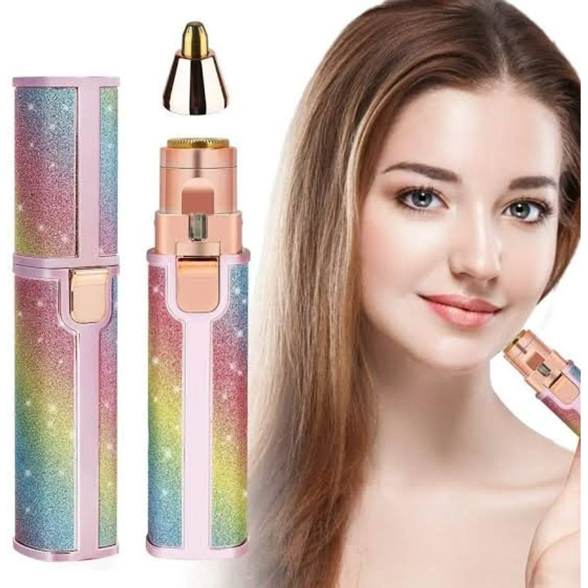 Woman using the facial hair remover on her cheek